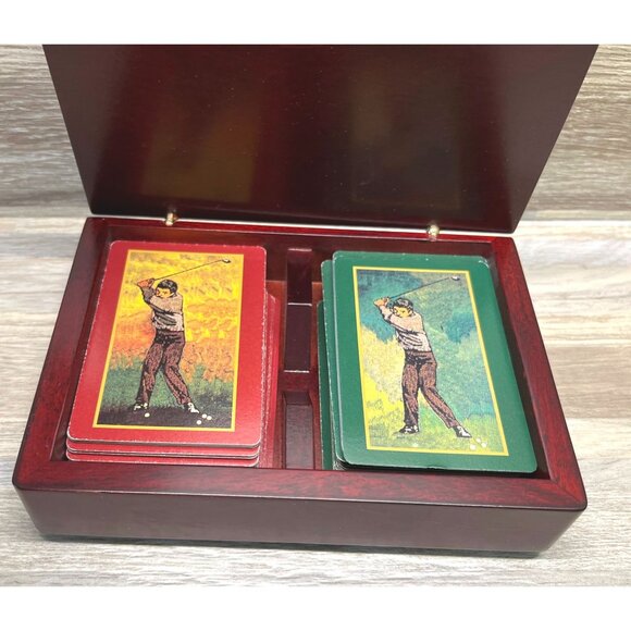 Golf Playing Cards in Wood Box 2 Decks Vintage Office Desk Display - Picture 5 of 12